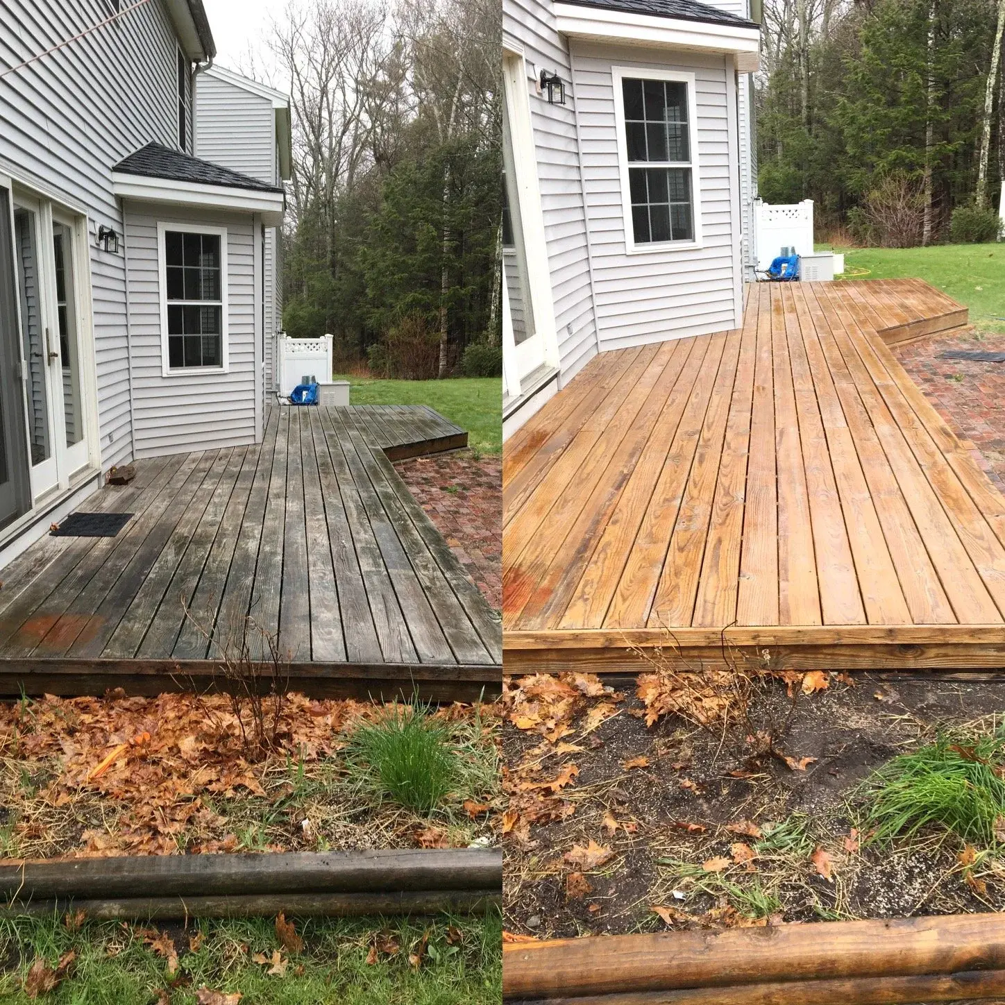 Before and after cleaning of a wood deck and fence