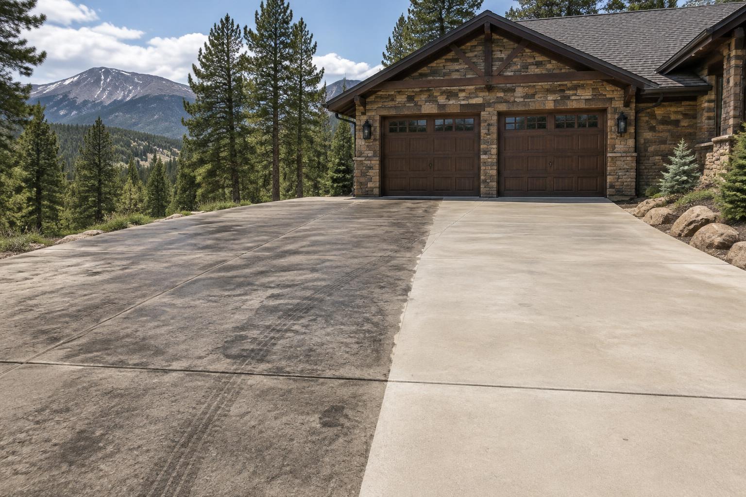 Before and after cleaning of a mountain home driveway